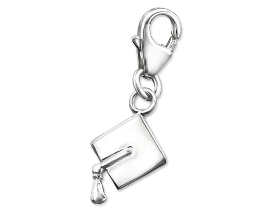 Sterling silver graduation cap clip-on charm with mortarboard and tassel, measuring 9 x 11 mm and gift boxed for graduation gifting in Australia.