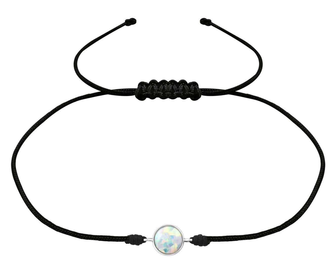 Adjustable black cord bracelet with a round white opal in a polished sterling silver setting, measuring 7 mm and gift boxed in Australia.