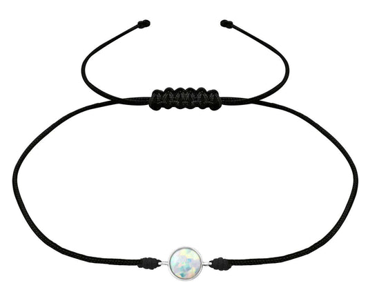 Adjustable black cord bracelet with a round white opal in a polished sterling silver setting, measuring 7 mm and gift boxed in Australia.