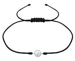 Adjustable black cord bracelet with a round white opal in a polished sterling silver setting, measuring 7 mm and gift boxed in Australia.