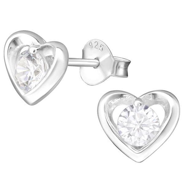 Silver Heart Ear Studs with Cubic Zirconia