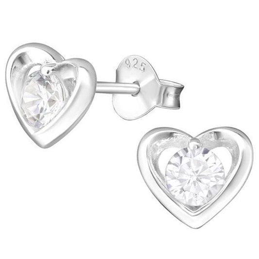 Silver Heart Ear Studs with Cubic Zirconia