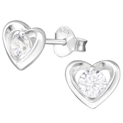 Silver Heart Ear Studs with Cubic Zirconia