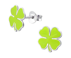 Kids Sterling Silver Green Clover Stud Earrings