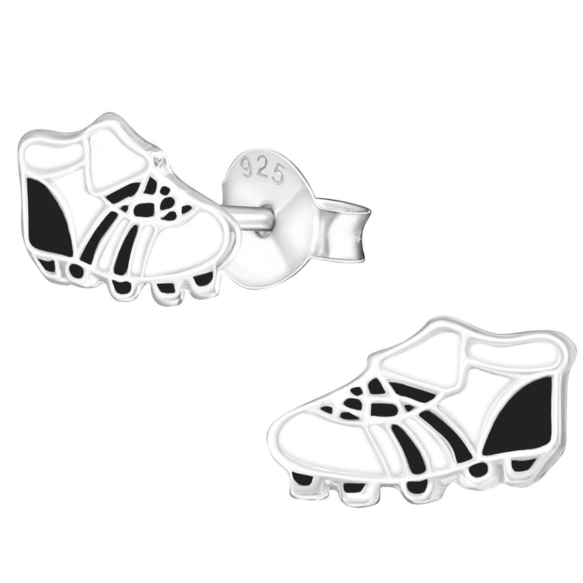 Kids 925 sterling silver football boot stud earrings with black and white detailing, butterfly backs and a compact 9 x 6 mm design in Australia.