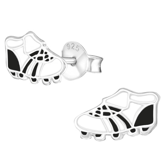 Kids 925 sterling silver football boot stud earrings with black and white detailing, butterfly backs and a compact 9 x 6 mm design in Australia.