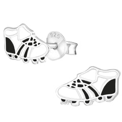 Kids 925 sterling silver football boot stud earrings with black and white detailing, butterfly backs and a compact 9 x 6 mm design in Australia.