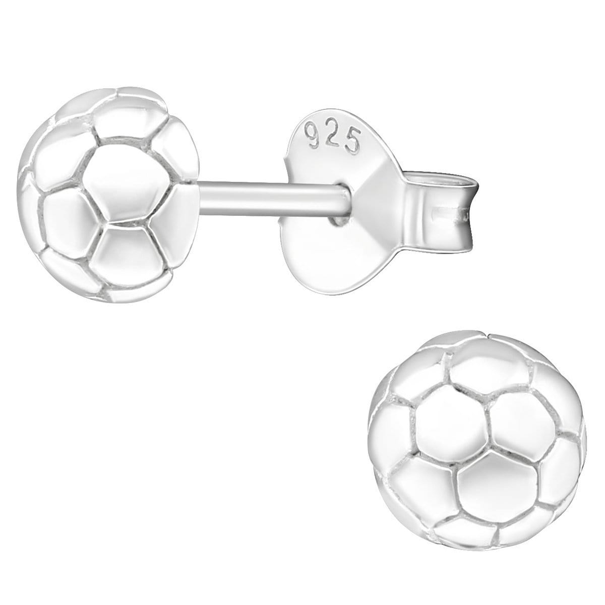 Kids 925 sterling silver football stud earrings with an engraved soccer ball pattern, butterfly backs and compact 5 mm design, available in Australia.