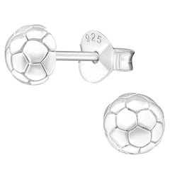 Kids 925 sterling silver football stud earrings with an engraved soccer ball pattern, butterfly backs and compact 5 mm design, available in Australia.