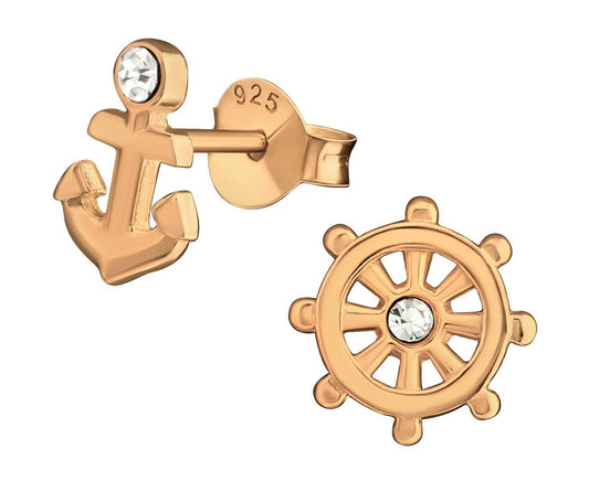 Rose Gold Silver Anchor Wheel Crystal Ear Studs