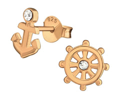 Rose Gold Silver Anchor Wheel Crystal Ear Studs