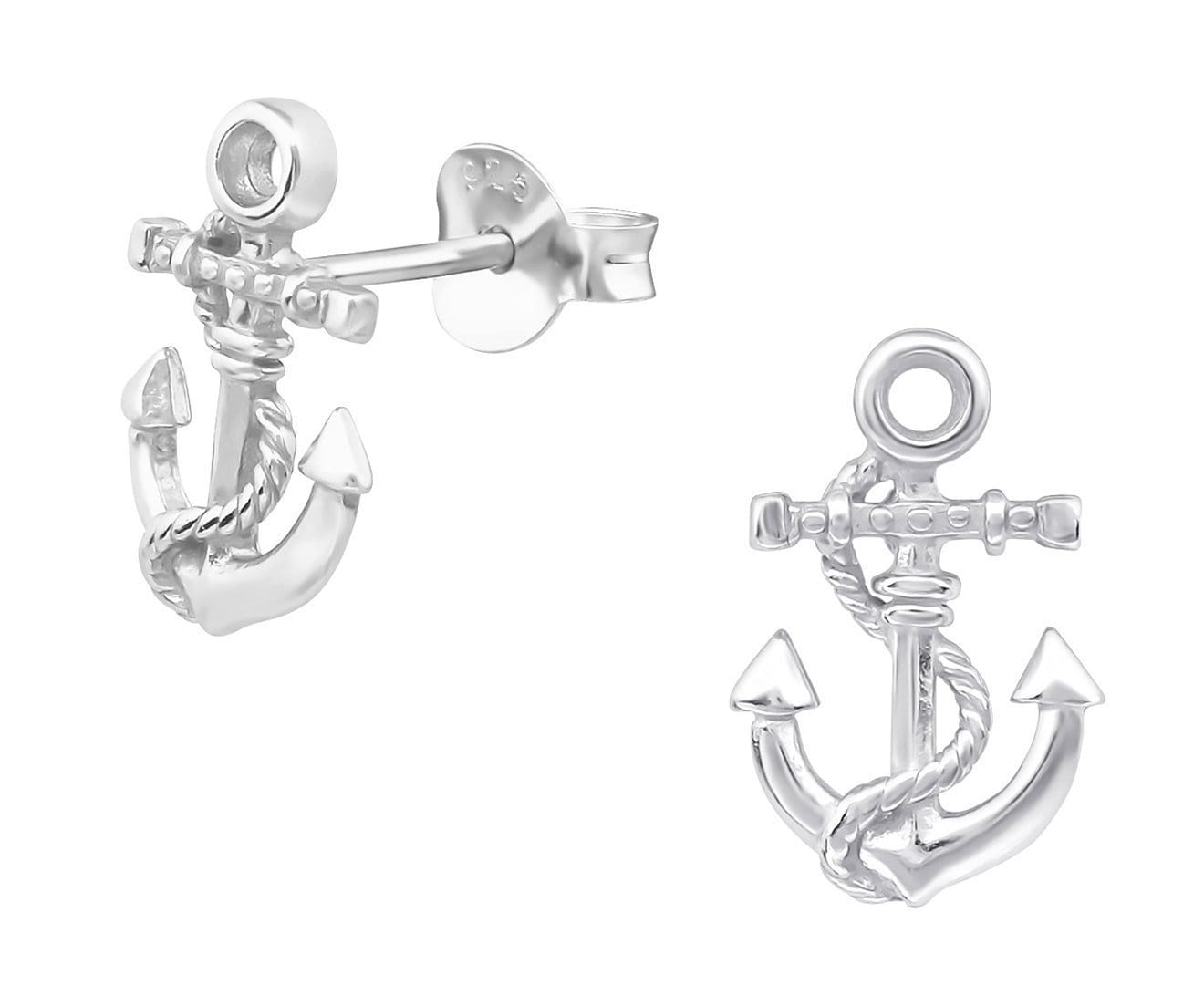 Polished sterling silver anchor stud earrings with detailed rope accents and butterfly backs, measuring 8 x 12 mm, available in Australia.