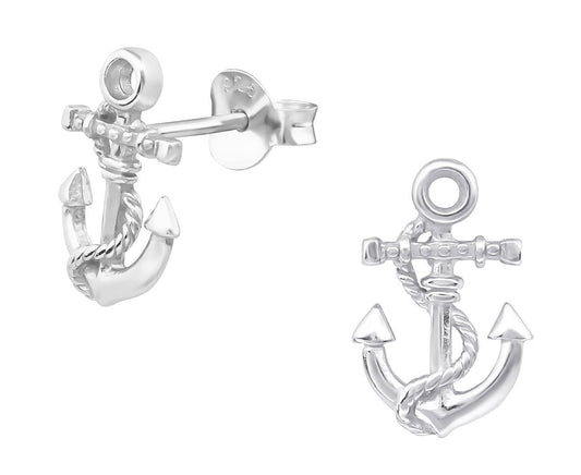 Polished sterling silver anchor stud earrings with detailed rope accents and butterfly backs, measuring 8 x 12 mm, available in Australia.