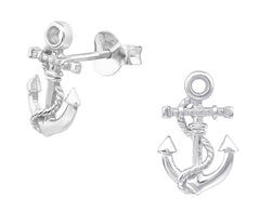 Polished sterling silver anchor stud earrings with detailed rope accents and butterfly backs, measuring 8 x 12 mm, available in Australia.