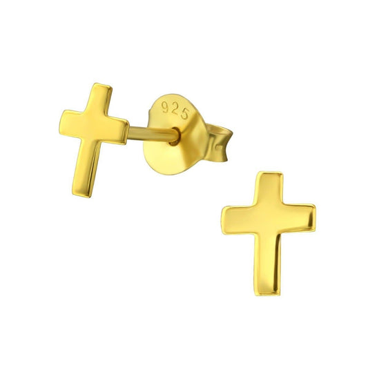 14K gold-plated 925 sterling silver cross stud earrings with a polished 5 x 6 mm design and butterfly backs, available in Australia.