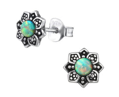 Sterling Silver Flower Opal Stud Earrings