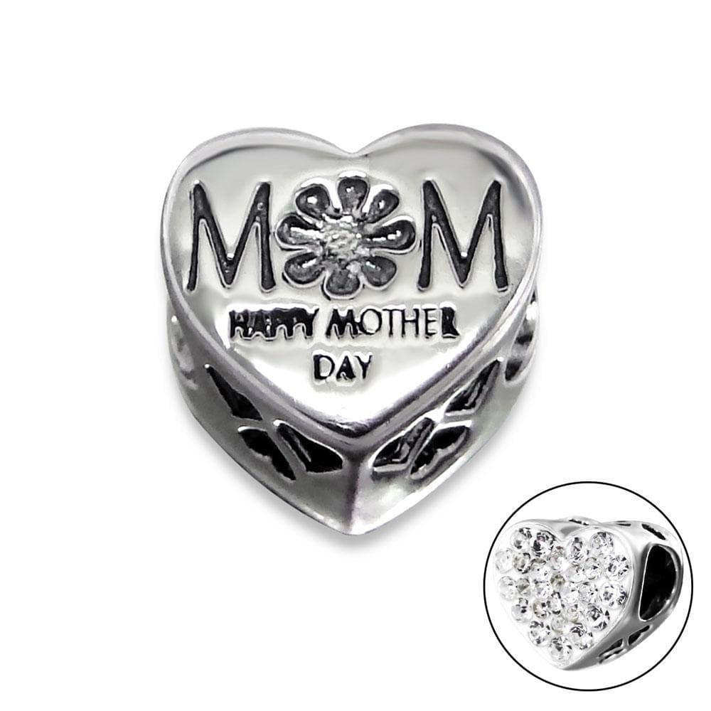 Sterling Silver Heart Mom Jeweled Bead