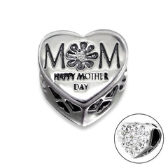 Sterling Silver Heart Mom Jeweled Bead