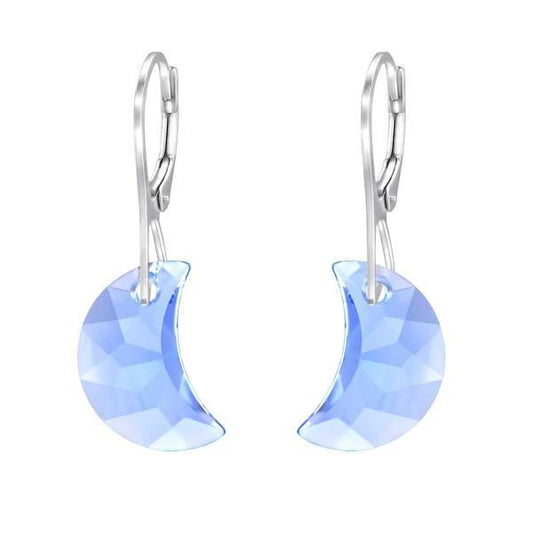 Silver Hanging Moon hoop earring with Swarovski Crystal Light Sapphire