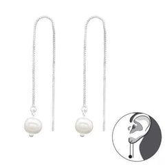 Silver Fresh Water Pearl Long Thread Earrings