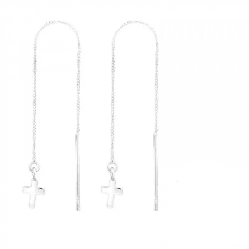Long 925 sterling silver cross threader earrings with petite 5 x 6 mm charms and delicate 6 cm chain drops, gift boxed in Australia.