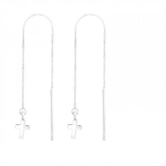 Long 925 sterling silver cross threader earrings with petite 5 x 6 mm charms and delicate 6 cm chain drops, gift boxed in Australia.