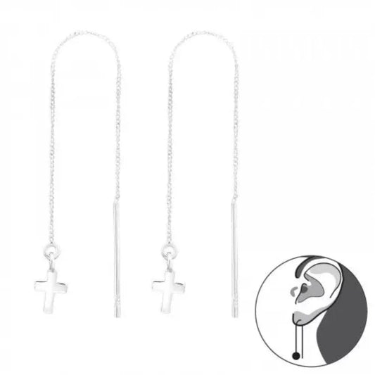 Silver long Thread Cross Earrings