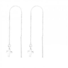 Long 925 sterling silver cross threader earrings with petite 5 x 6 mm charms and delicate 6 cm chain drops, gift boxed in Australia.