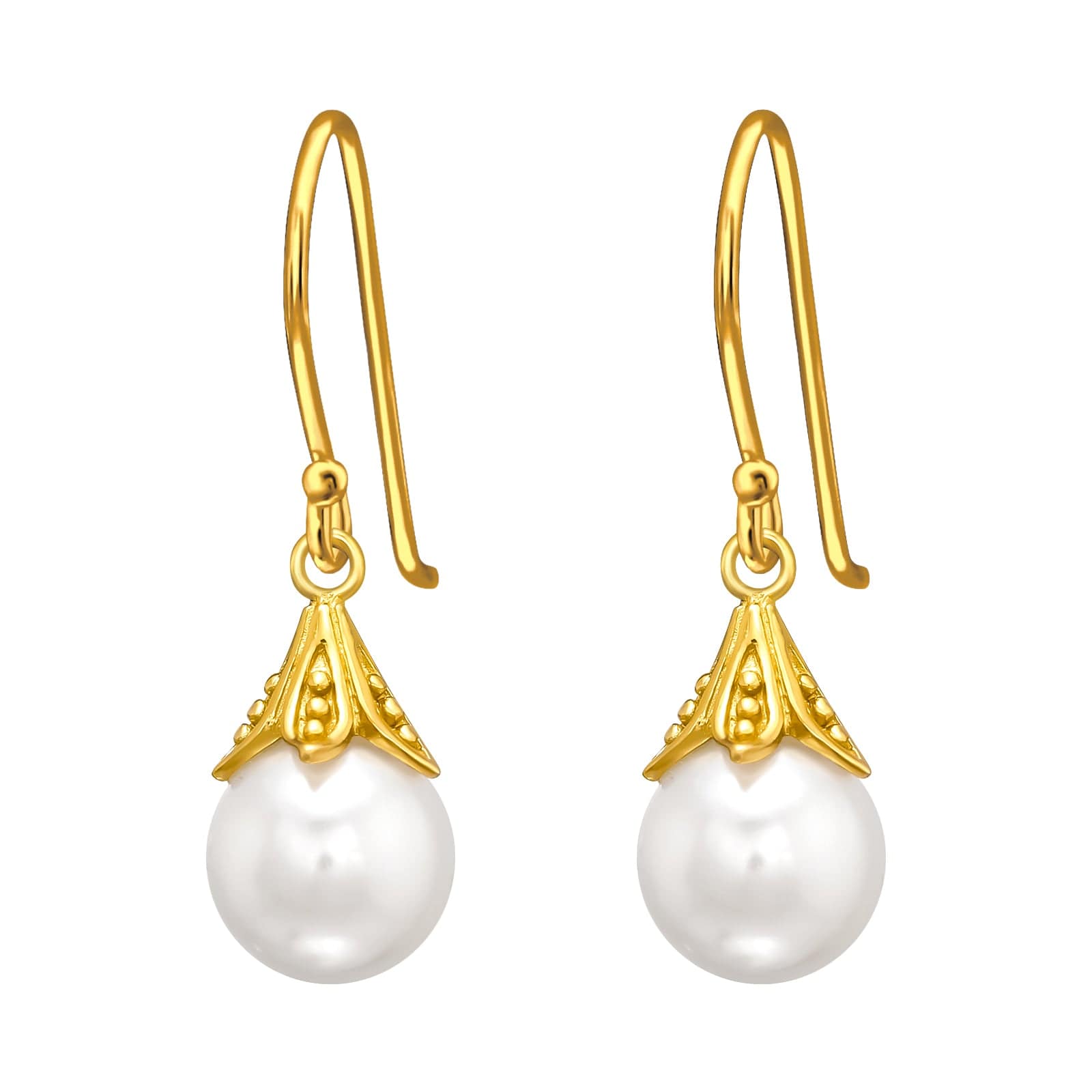Gold White Pearl Round Earrings