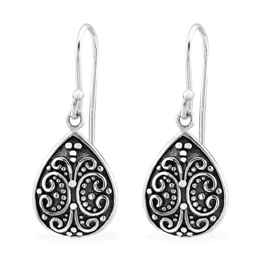 Silver Patterned Drop Bali Earrings