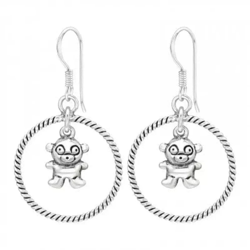 Silver Bear Dangle Hoops Earrings