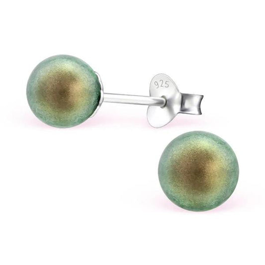 Sterling silver stud earrings with genuine 6 mm iridescent green pearls, polished posts and butterfly backs, gift boxed in Australia.