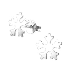 Kids 925 sterling silver snowflake stud earrings with a polished 8 mm design and butterfly backs, presented in a jewellery gift box in Australia.