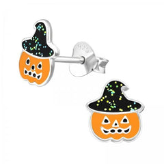 Kids 925 sterling silver Halloween pumpkin stud earrings with orange jack-o’-lantern faces, black witch hats and butterfly backs in Australia.