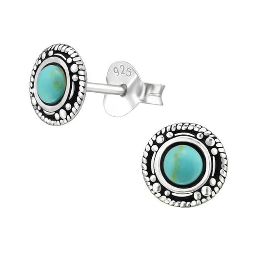 Sterling silver round stud earrings with green turquoise-coloured centres, detailed 7 mm borders and butterfly backs, gift boxed in Australia.