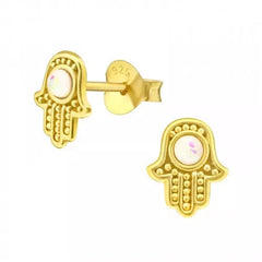 Silver Gold Hamsa Opal Stud Earrings