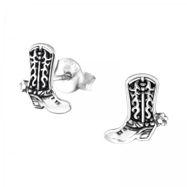 Polished 925 sterling silver cowboy boot stud earrings with oxidised western detailing, spurs, butterfly backs and an 8 x 9 mm design in Australia.