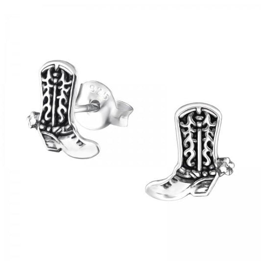 Polished 925 sterling silver cowboy boot stud earrings with oxidised western detailing, spurs, butterfly backs and an 8 x 9 mm design in Australia.