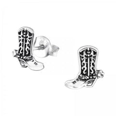 Polished 925 sterling silver cowboy boot stud earrings with oxidised western detailing, spurs, butterfly backs and an 8 x 9 mm design in Australia.