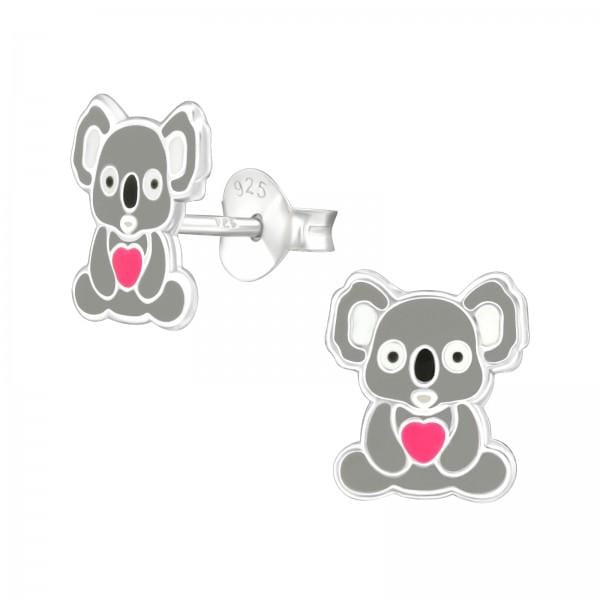 Kids 925 sterling silver koala stud earrings with grey, white, pink and black detailing, butterfly backs and an 8 x 9 mm design in Australia.