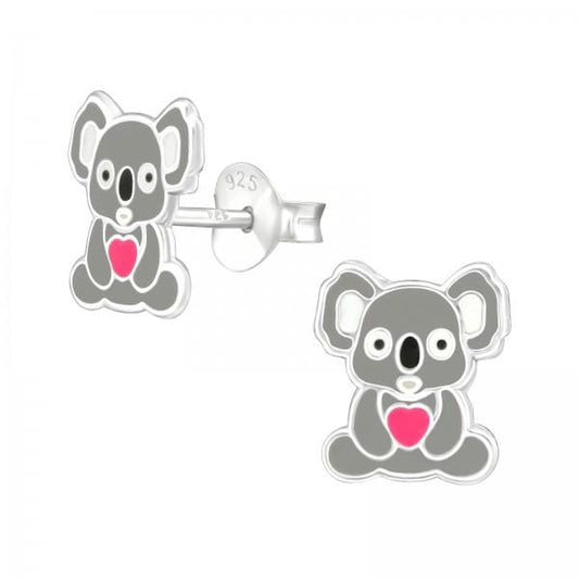 Kids 925 sterling silver koala stud earrings with grey, white, pink and black detailing, butterfly backs and an 8 x 9 mm design in Australia.