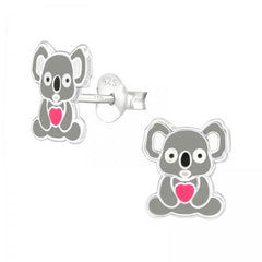 Kids 925 sterling silver koala stud earrings with grey, white, pink and black detailing, butterfly backs and an 8 x 9 mm design in Australia.