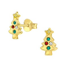 Kids’ gold-plated 925 sterling silver Christmas tree stud earrings with colourful red, green, clear and yellow crystals in Australia.