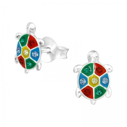 Kids Silver Crystal Turtle Stud Earrings