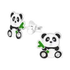Kids 925 sterling silver panda stud earrings with black, white and green details, bamboo accents, four clear crystals and butterfly backs in Australia.
