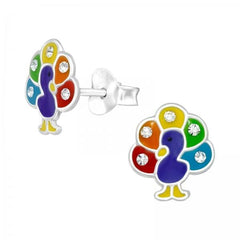 Kids Silver Crystal Peacock Stud Earrings
