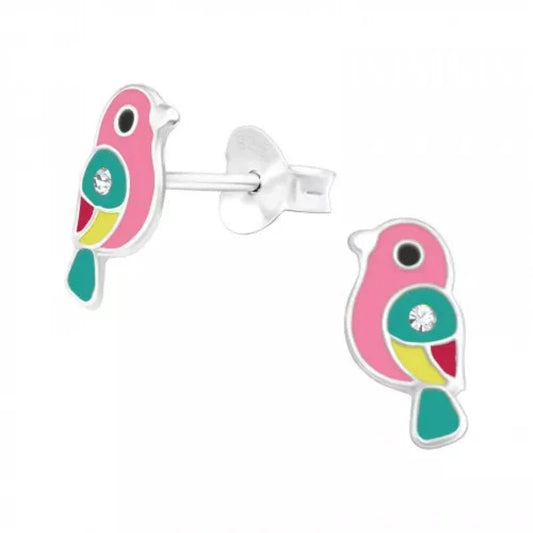 Kids sterling silver bird stud earrings with pink, turquoise, yellow, red and black details, clear crystal accents and a 5 x 10 mm design in Australia.