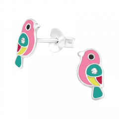 Kids sterling silver bird stud earrings with pink, turquoise, yellow, red and black details, clear crystal accents and a 5 x 10 mm design in Australia.