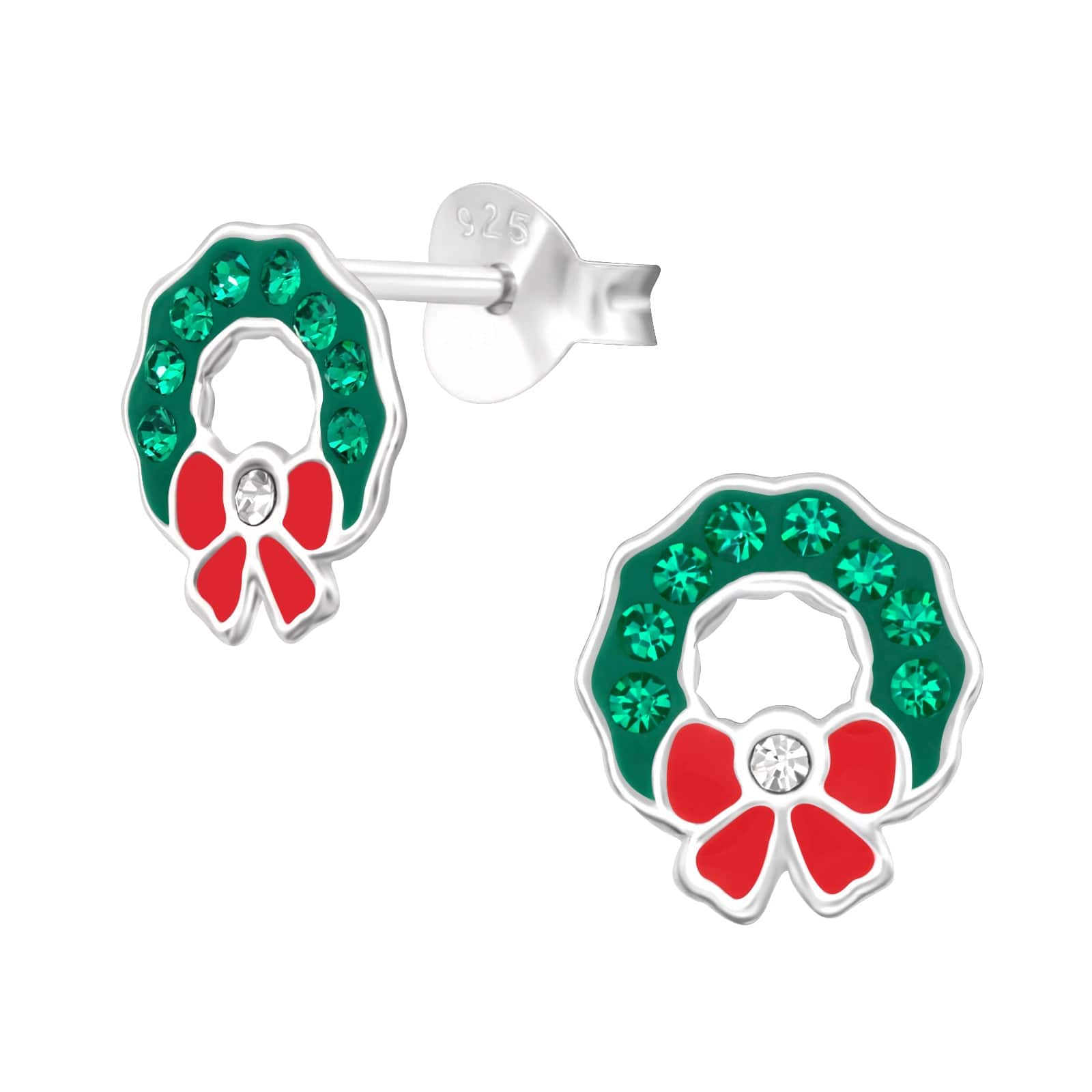 Kids 925 sterling silver Christmas wreath stud earrings with dark green crystals, red bows, butterfly backs and a 7 x 8 mm design in Australia.