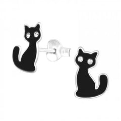 Kids Silver Black Cat Stud Earrings